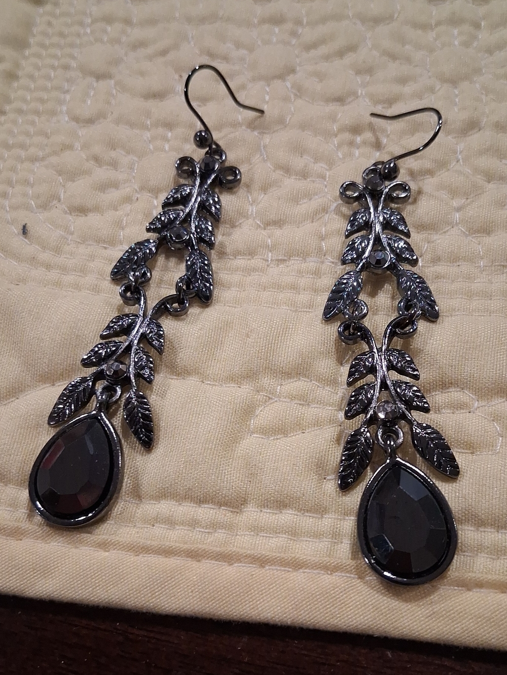 Gunmetal Leaf Dangle Earrings with Black Teardrop Gemstones